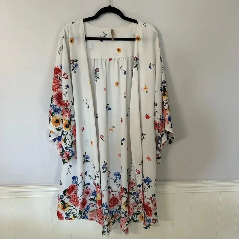Paolino Women’s Short Sleeve White Open Front Draped Hi/Lo Floral Kimono GUC - Picture 2 of 5